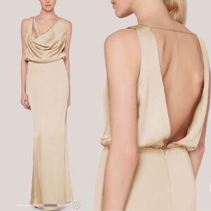 Fame + Partners The Libra Dress Champagne Satin Cowl-Neck Backless Gown Size 16